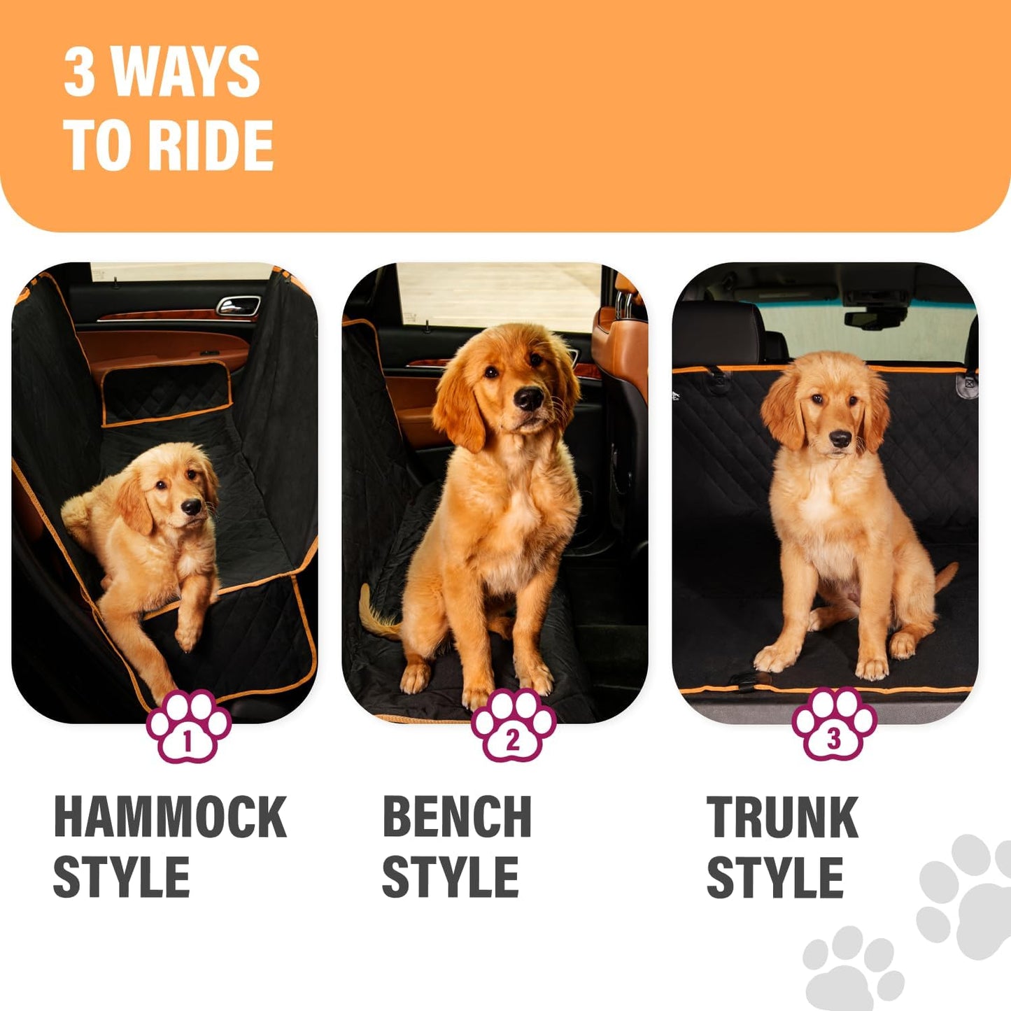 Dog Car Seat Cover for Back Seat, Waterproof Pet Hammock Protector, Durable Nonslip Seat Protection SUV Truck, Standard 53"X56", Orange